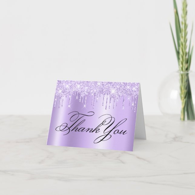 Faux Sparkly Light Purple Glitter Drips Ombre Thank You Card (Front)