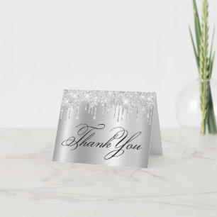 Faux Sparkly Light Silver Glitter Drips Ombre Thank You Card