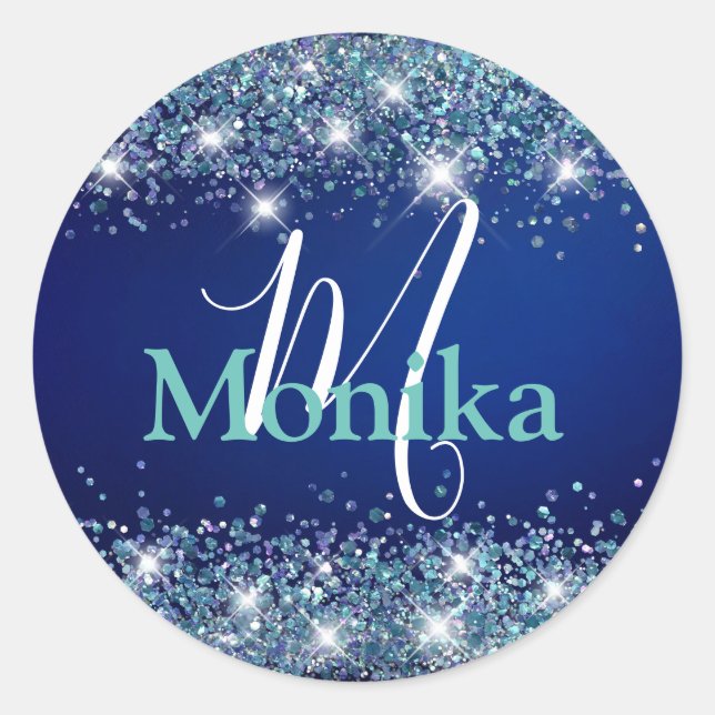 Faux Sparkly Mermaid Glitter Blue Ocean Monogram Classic Round Sticker (Front)