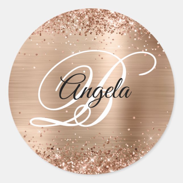 Faux Sparkly Pale Copper Glitter Foil Monogrammed Classic Round Sticker (Front)