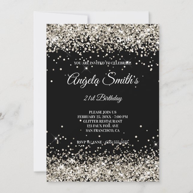 Faux Sparkly Platinum Glitter Black Invitation (Front)