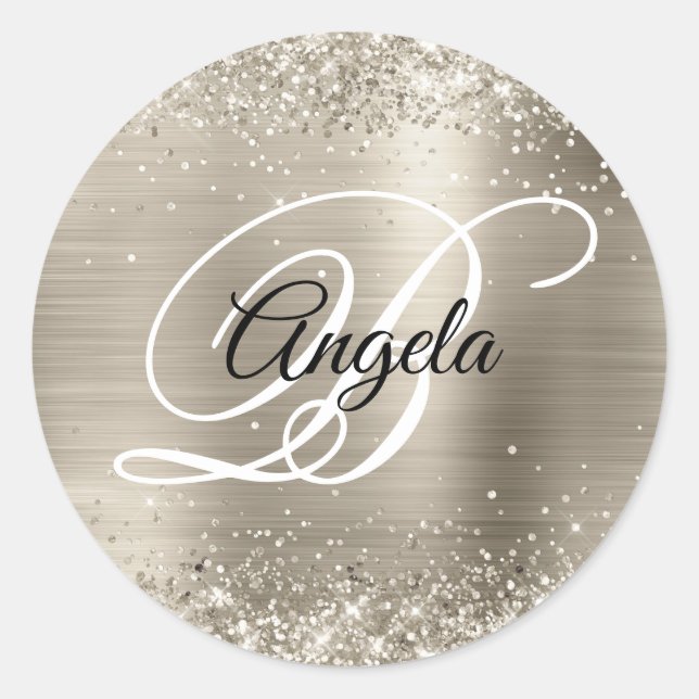 Faux Sparkly Platinum Glitter Foil Monogram Classic Round Sticker (Front)