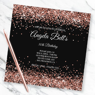 Faux Sparkly Rose Gold Glitter Black Invitation