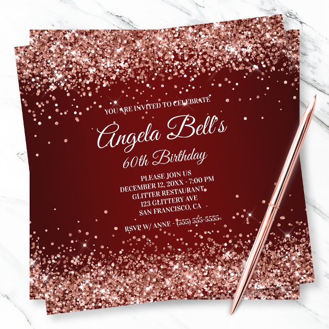Faux Sparkly Rose Gold Glitter Burgundy Ombre Invitation (Creator Uploaded)