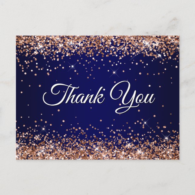 Faux Sparkly Rose Gold Glitter Navy Blue Thank You Postcard (Front)