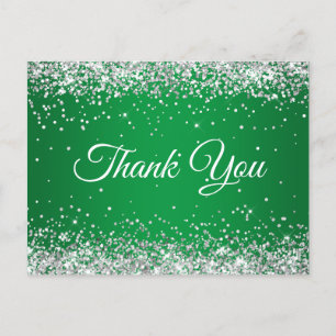 Faux Sparkly Silver Glitter Bright Green Thank You Postcard