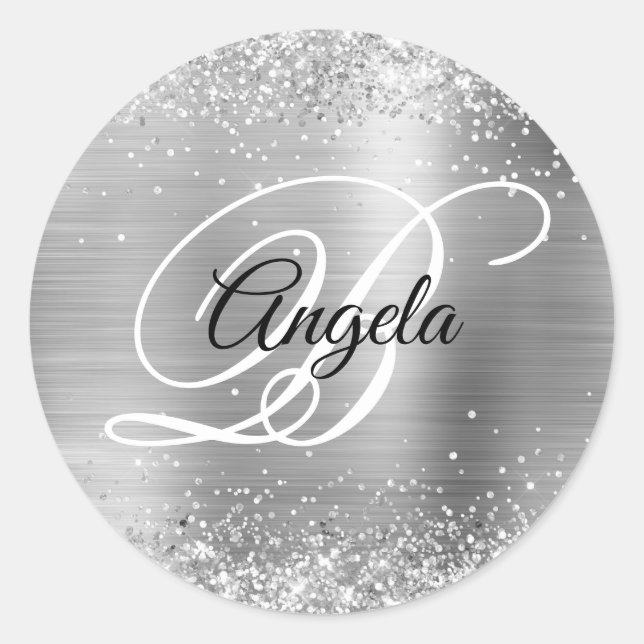 Faux Sparkly Silver Glitter Brushed Metal Monogram Classic Round Sticker (Front)