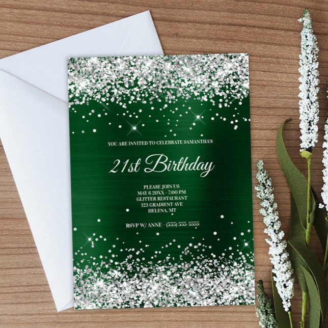 Faux Sparkly Silver Glitter Dark Green Foil Invitation (Create your own dark green birthday invitation.)