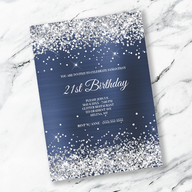 Faux Sparkly Silver Glitter Dark Navy Blue Foil Invitation (Creator Uploaded)