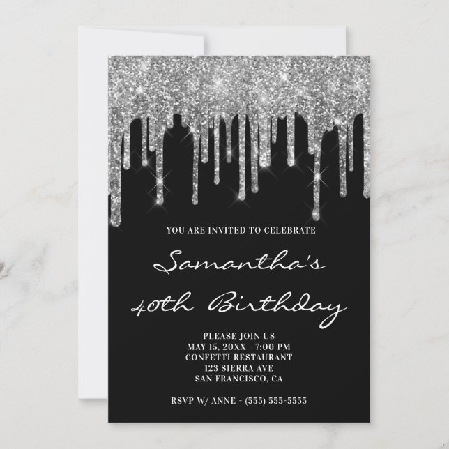 Faux Sparkly Silver Glitter Drips Black Birthday Invitation (Front)