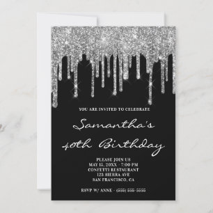 Faux Sparkly Silver Glitter Drips Black Birthday Invitation