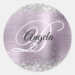 Faux Sparkly Silver Glitter Lavender Foil Monogram Classic Round Sticker