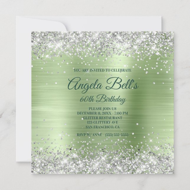 Faux Sparkly Silver Glitter Mint Brushed Foil Invitation (Front)
