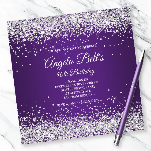 Faux Sparkly Silver Glitter Royal Purple Ombre Invitation (Creator Uploaded)