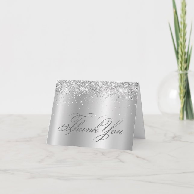 Faux Sparkly Silver Glitter Satin Ombre Foil Thank You Card (Front)
