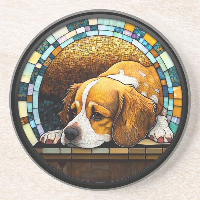 Faux Stained Glass Cavalier King Charles Spaniel Coaster (Front)
