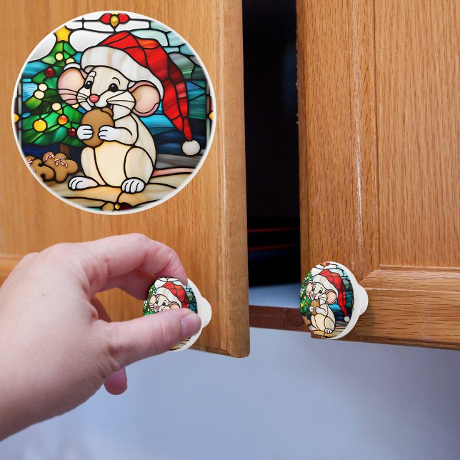 Faux Stained Glass Christmas Mouse Eating Cookie Ceramic Knob (Creator Uploaded)