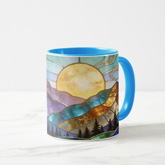 Faux Stained Glass Mountain Sunrise Forest Mug (Front Right)
