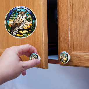Faux Stained Glass Owl on Branch Ceramic Knob