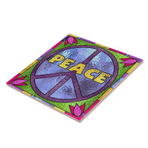 Faux stained glass peace sign tile