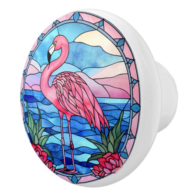 faux stained glass pink flam Ceramic pink flamingo Ceramic Knob (Right)