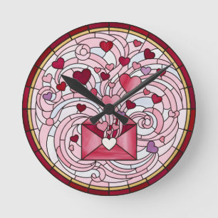 Faux Stained Glass, Romantic Heart Envelope Round Clock