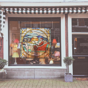 Faux Stained-Glass Santa Claus in Sleigh Waiting