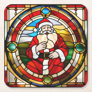 Faux Stained Glass Sitting Santa Square Paper Coaster