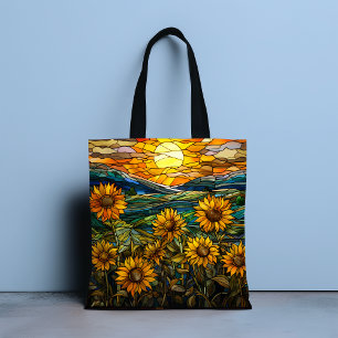 Faux Stained Glass Sunflower Country Sunset Tote Bag