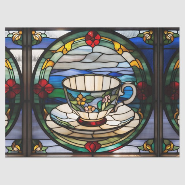 Faux Stained Glass Tea Cup and Saucer for Decoupag Tissue Paper (Front)