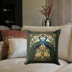 Faux Stained Glass Twin Mirrored Peacocks Cushion