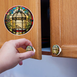Faux Stained Glass Victorian Bird Cage Ceramic Knob