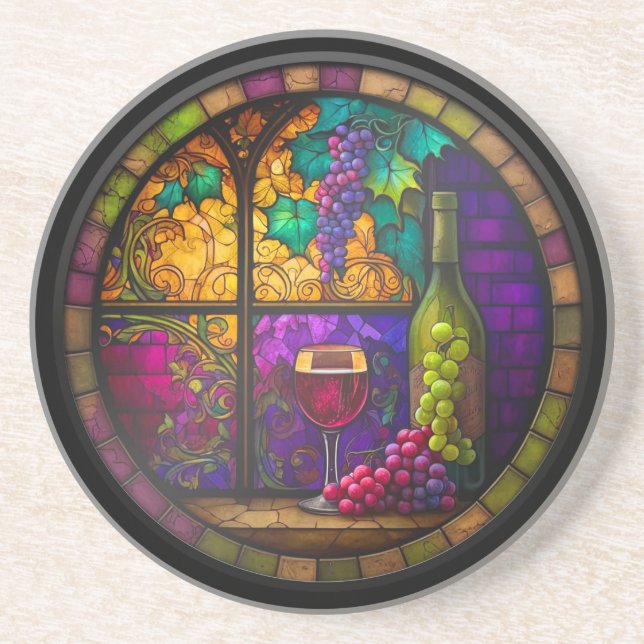 Faux Stained Glass Wine Glass, Bottle and Grapes Coaster (Front)