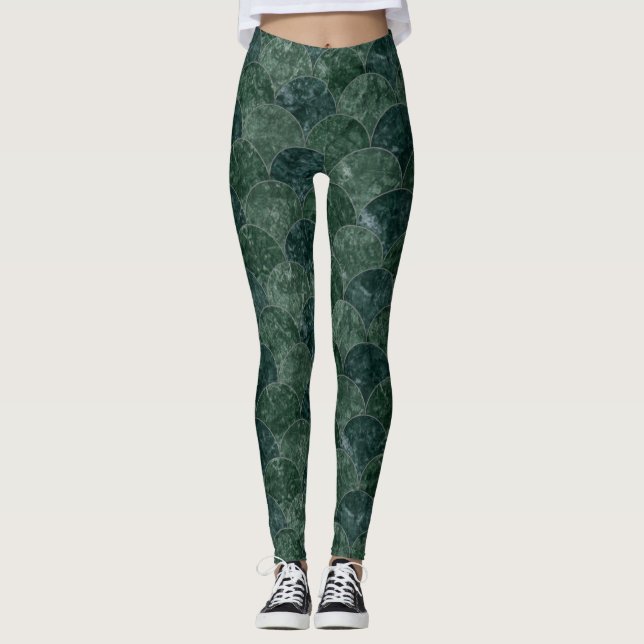 Faux Stones Green Scales Mermaid Pattern Leggings (Front)