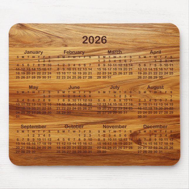 Faux Teak Wood 2026 Calendar Mouse Pad (Front)
