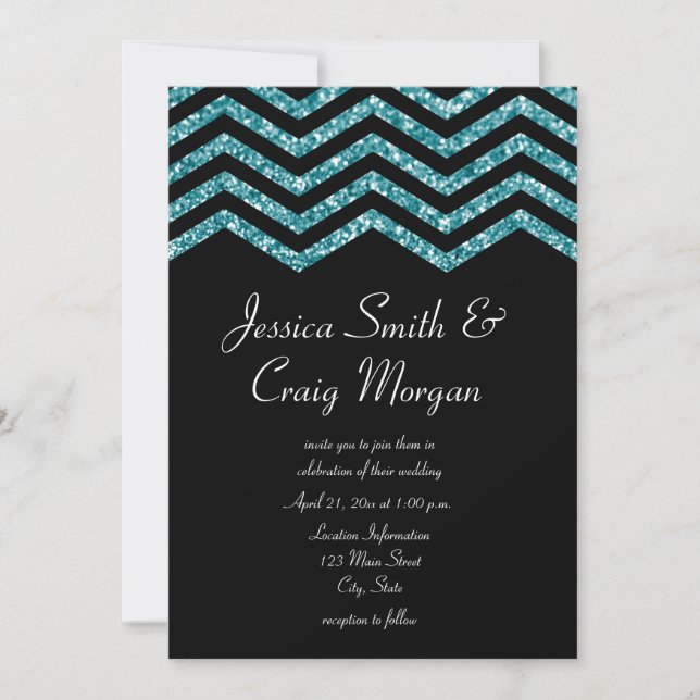 Faux Teal and Black Glitter Chevron Wedding Invitation (Front)