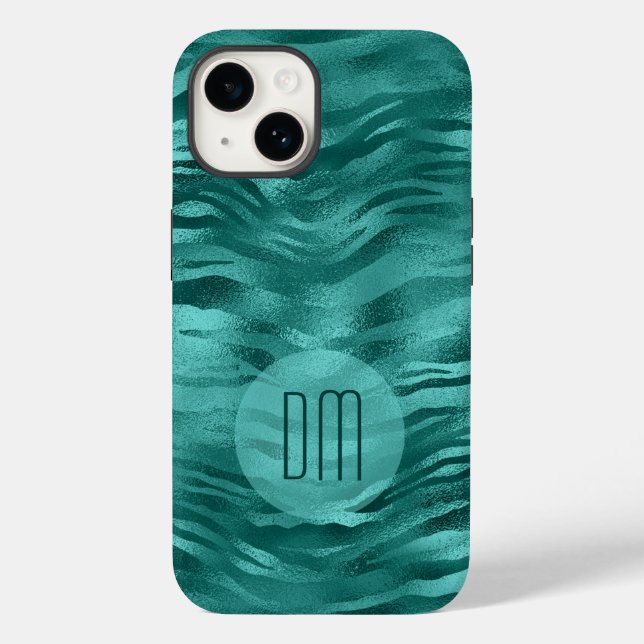 Faux Teal Foil Stripe Waves Monogram Case-Mate iPhone Case (Back)