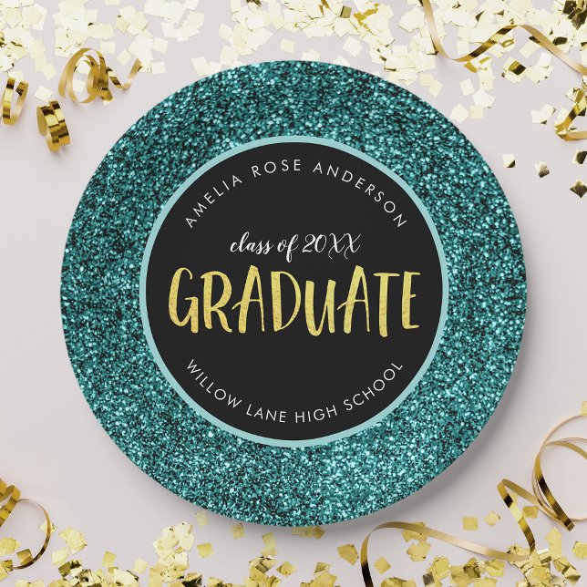 Faux Teal Glitter Graduate Graduation Paper Plate (Creator Uploaded)