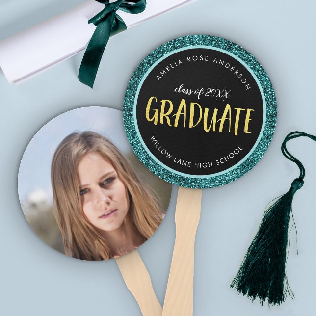 Faux Teal Glitter Graduate Photo Graduation Hand Fan (Creator Uploaded)