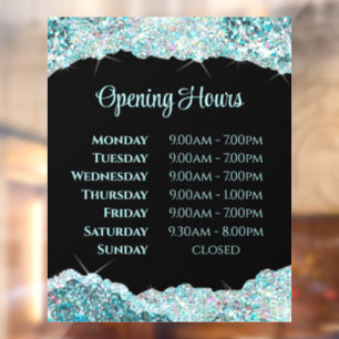 Faux Teal Glitter Opening Hours Window Cling