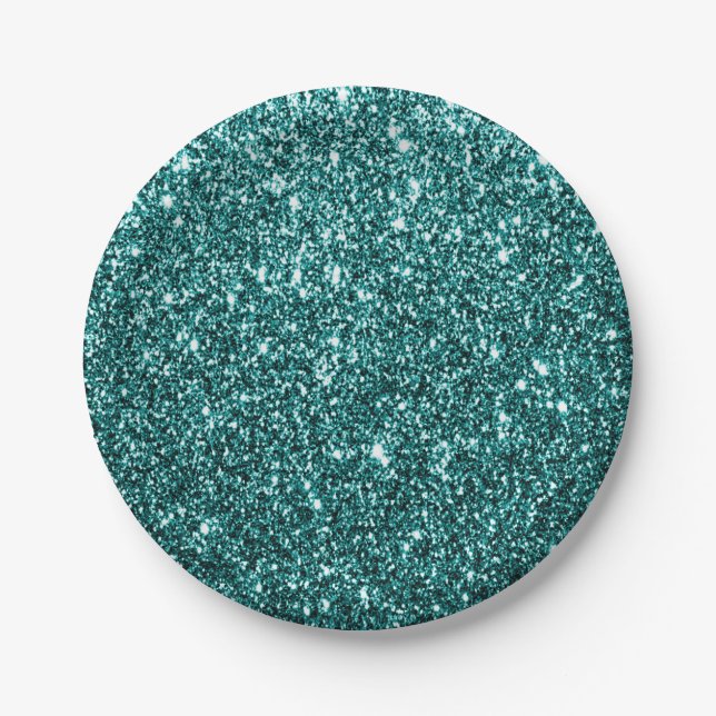 Faux Teal Glitter Party Paper Plate (Front)