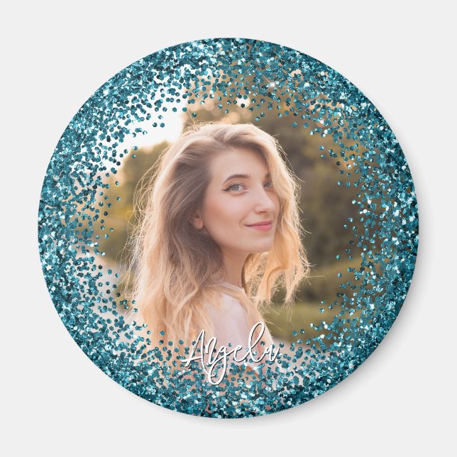 Faux Teal Glitter Photo Magnet (Front)