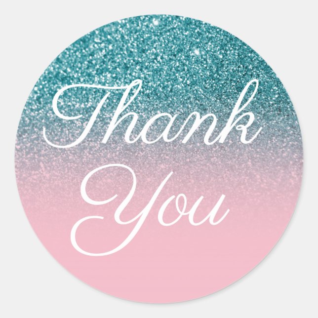 Faux Teal Glitter Pink Ombre Thank You Classic Round Sticker (Front)