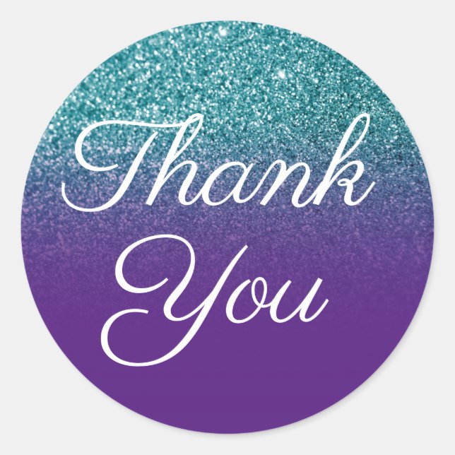 Faux Teal Glitter Royal Purple Ombre Thank You Classic Round Sticker (Front)