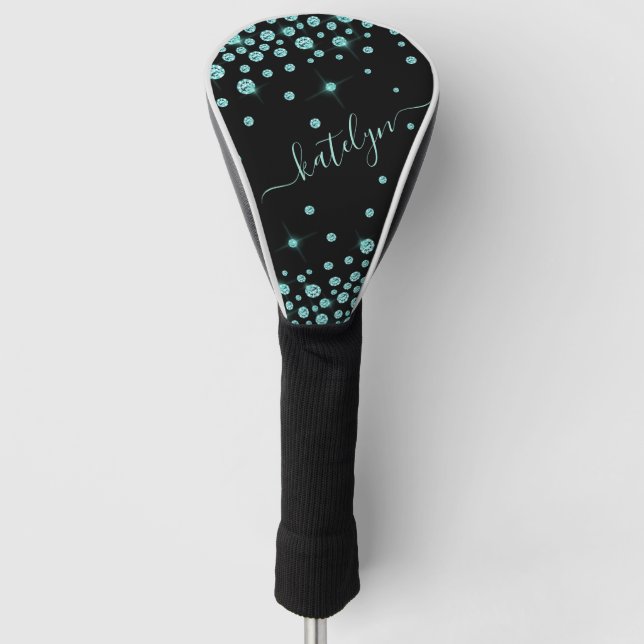 Faux Teal Rhinestone Diamonds Personalised Driver Golf Head Cover (Front)