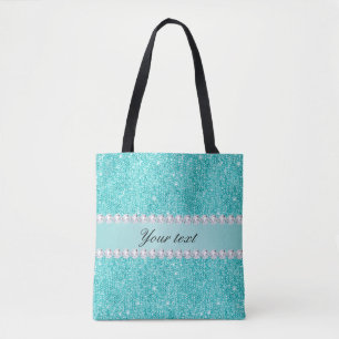 Faux Teal Sequins and Diamonds Tote Bag