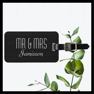 Faux Textured Black Burlap MR and MRS Luggage Tag