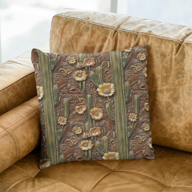 Faux Tooled Cactus Desert Leather Western Cushion (Creator Uploaded)