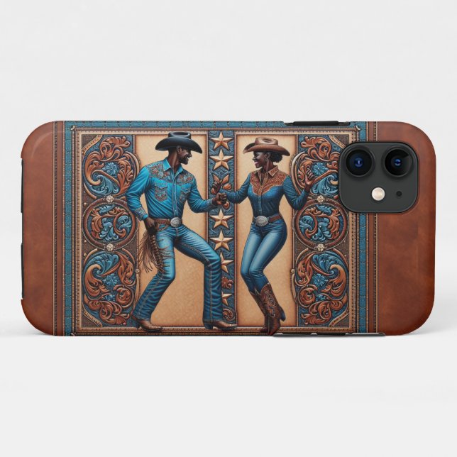 Faux Tooled Leather Brown and Turquoise Dancers Case-Mate iPhone Case (Back (Horizontal))