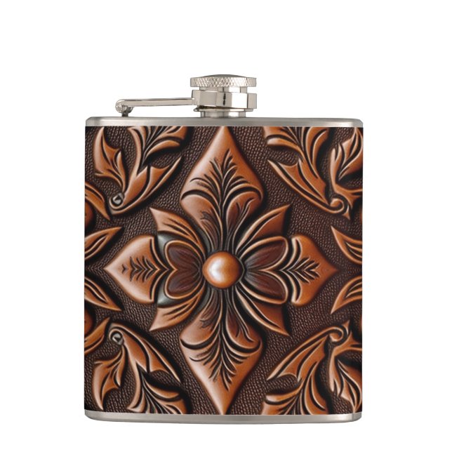 Faux Tooled Leather Design Hip Flask (Front)